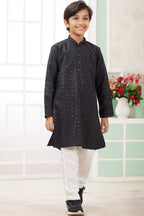 Black Art Silk Father Son Matching Combo Indo Western Traditional Sherwani Long Kurta & Pajama Suit for Wedding - Embroidery Work