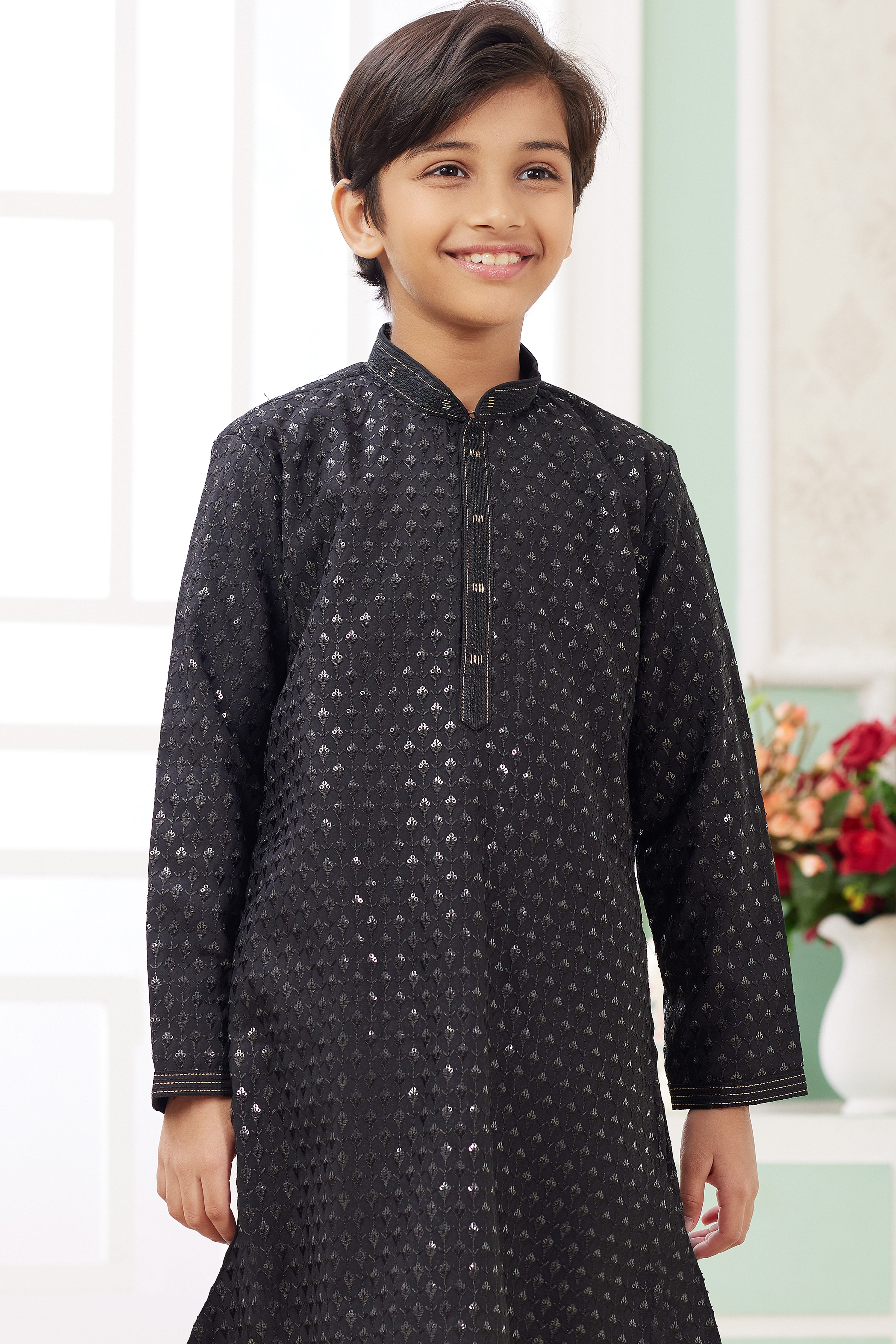 Black Art Silk Father Son Matching Combo Indo Western Traditional Sherwani Long Kurta & Pajama Suit for Wedding - Embroidery Work