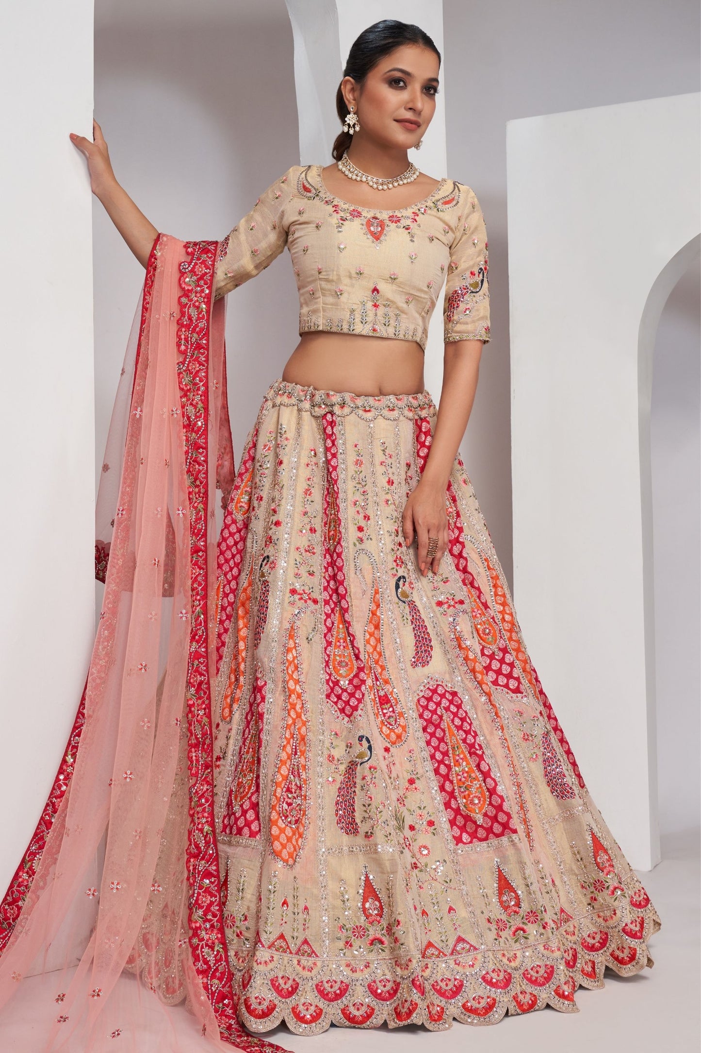 Cream Zari Silk Lehenga Choli For Indian Festivals & Weddings - Sequins Work, Patch Work, Zarkan Work, Thread Work