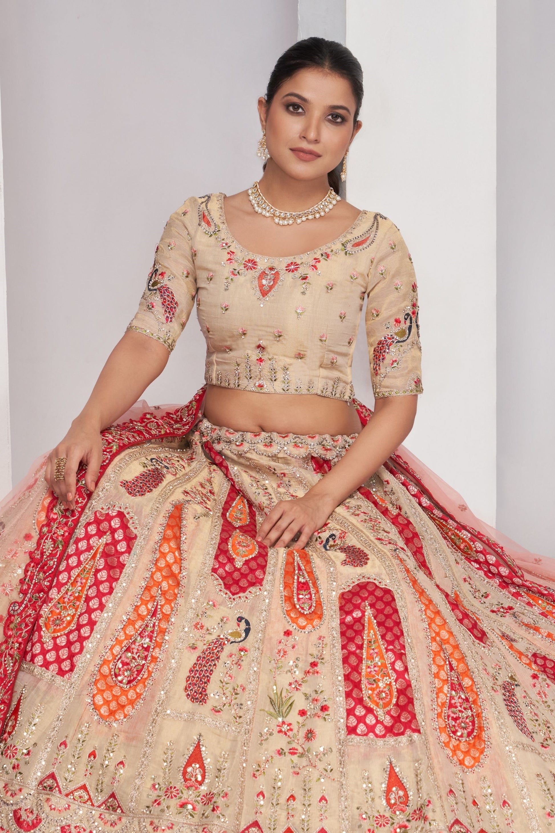 Cream Zari Silk Lehenga Choli For Indian Festivals & Weddings - Sequins Work, Patch Work, Zarkan Work, Thread Work