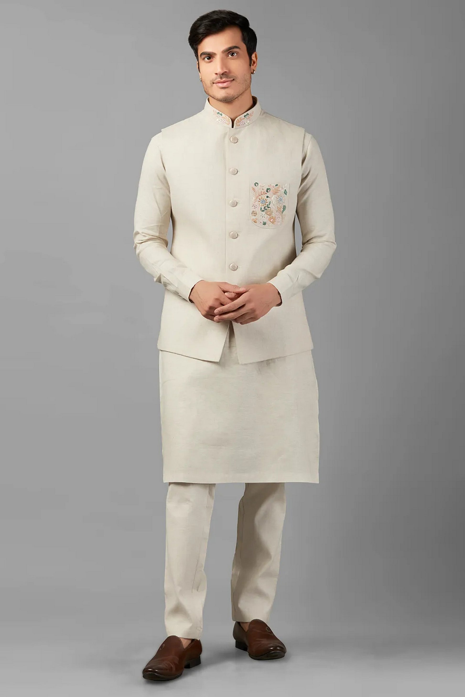 Off White Linen Men's Wedding Suit Waistcoat, Kurta with Pant - Embroidery Work