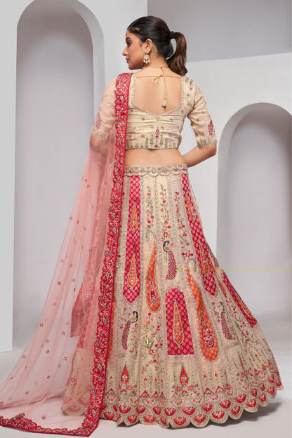 Cream Zari Silk Lehenga Choli For Indian Festivals & Weddings - Sequins Work, Patch Work, Zarkan Work, Thread Work