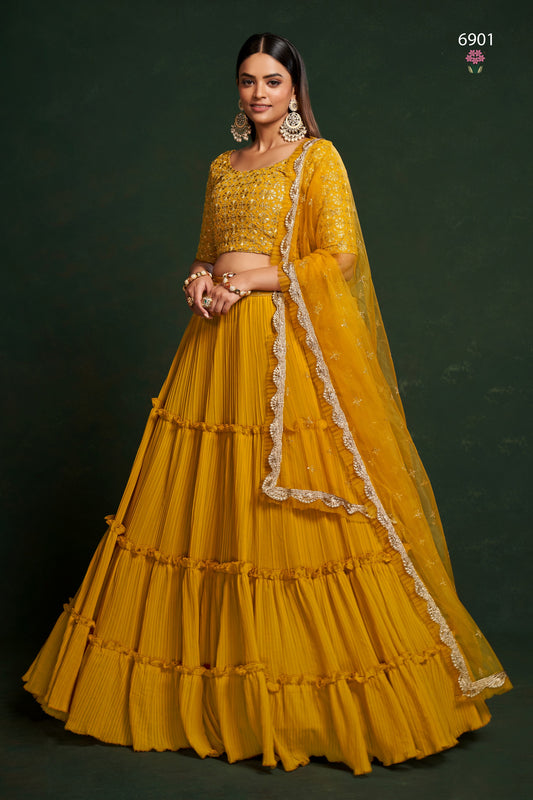 Yellow Georgette Ruffle Lehenga Choli 18 Meter Flair For Indian Festivals & Weddings - Sequence Embroidery Work, Thread Embroidery Work,