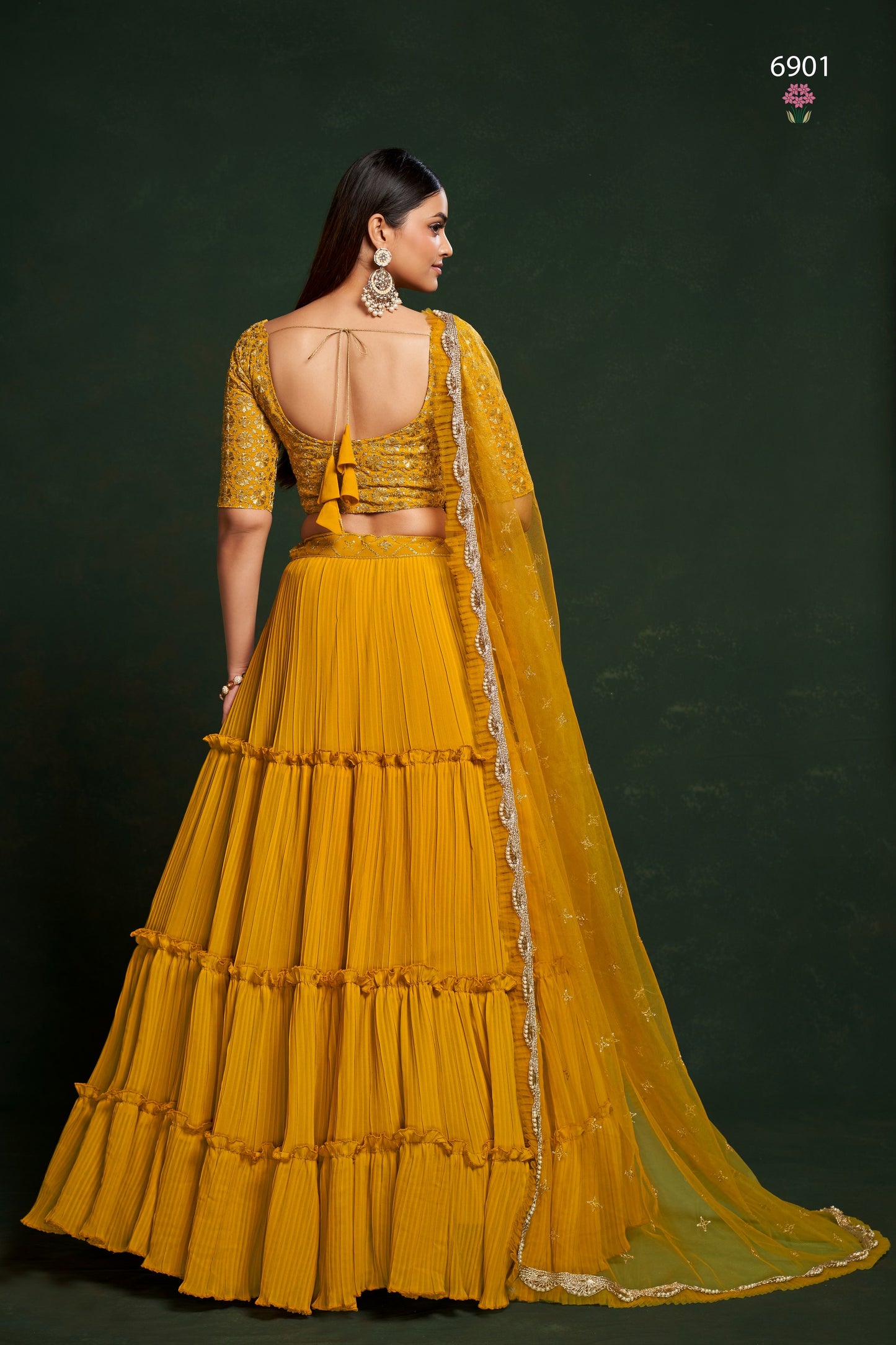 Yellow Georgette Ruffle Lehenga Choli 18 Meter Flair For Indian Festivals & Weddings - Sequence Embroidery Work, Thread Embroidery Work,