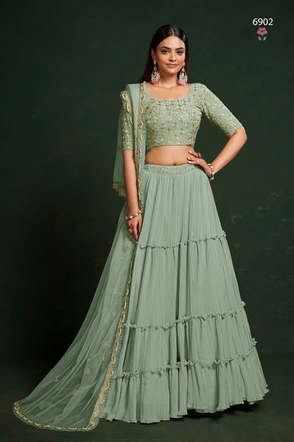Pista Georgette Ruffle Lehenga Choli 18 Meter Flair For Indian Festivals & Weddings - Sequence Embroidery Work, Thread Embroidery Work