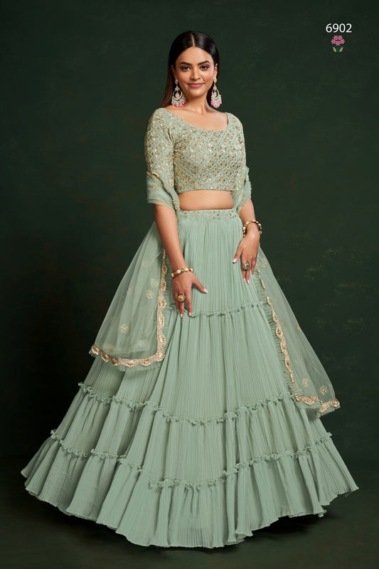 Pista Georgette Ruffle Lehenga Choli 18 Meter Flair For Indian Festivals & Weddings - Sequence Embroidery Work, Thread Embroidery Work