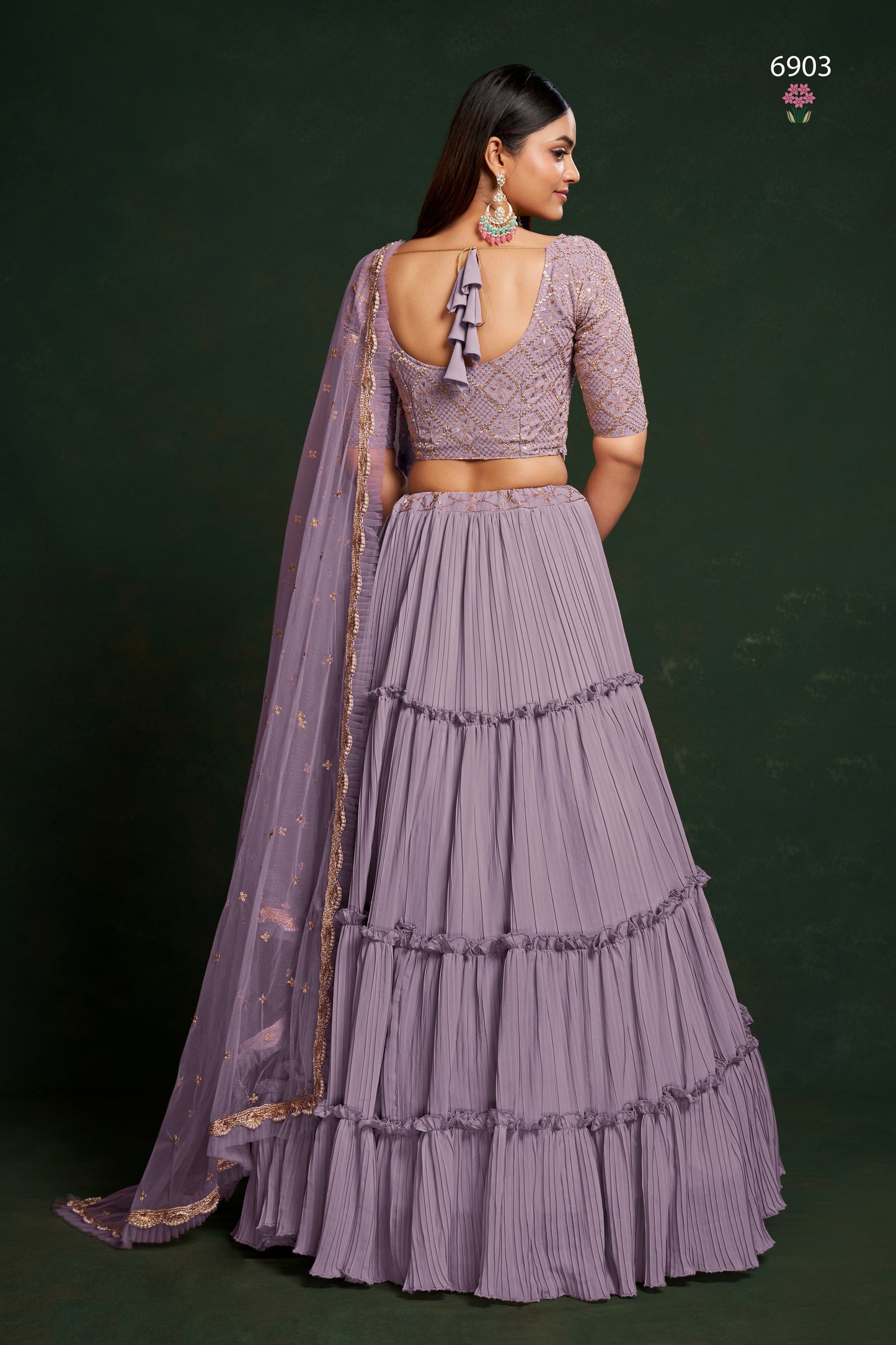 Lavender Georgette Ruffle Lehenga Choli 18 Meter Flair For Indian Festivals & Weddings - Sequence Embroidery Work, Thread Embroidery Work