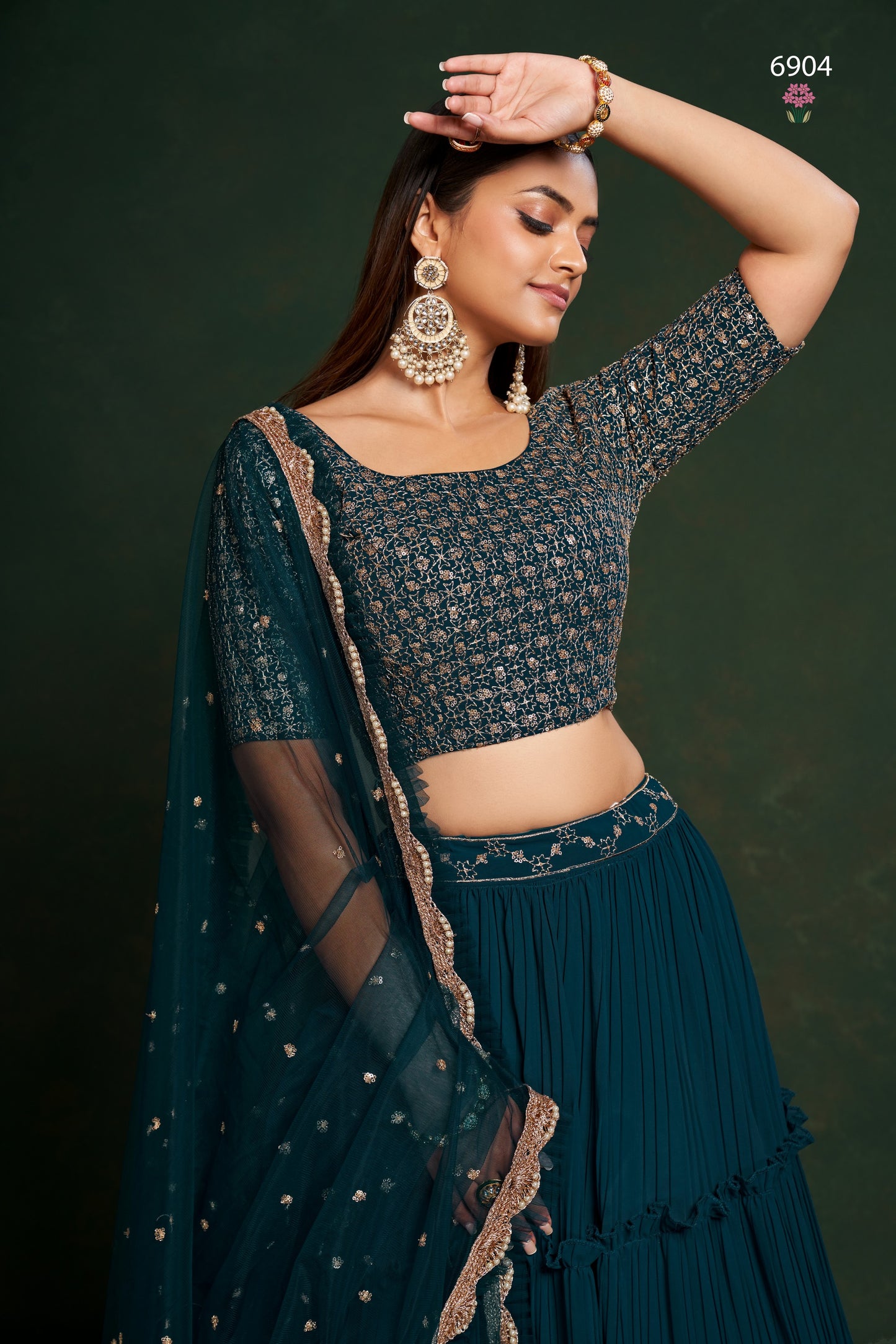 Teal Georgette Ruffle Lehenga Choli 18 Meter Flair For Indian Festivals & Weddings - Sequence Embroidery Work, Thread Embroidery Work