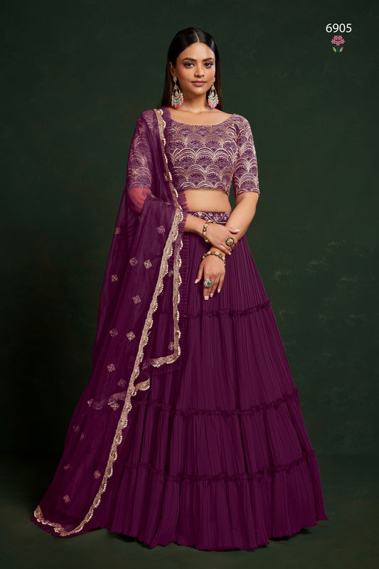 Purple Georgette Ruffle Lehenga Choli 18 Meter Flair For Indian Festivals & Weddings - Sequence Embroidery Work, Thread Embroidery Work