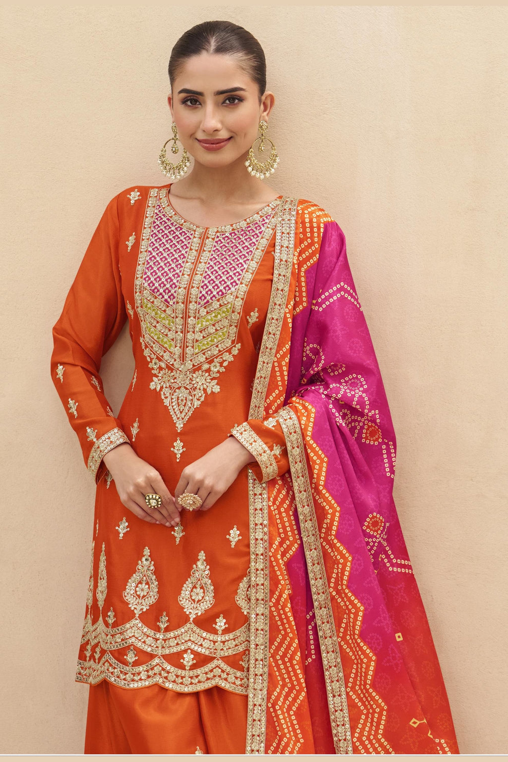 Orange Chinon Silk Plazo Suit For Indian & Pakistani Wedding Festival - Sequins & Thread Embroidery Work, Print Work
