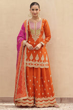 Orange Chinon Silk Plazo Suit For Indian & Pakistani Wedding Festival - Sequins & Thread Embroidery Work, Print Work