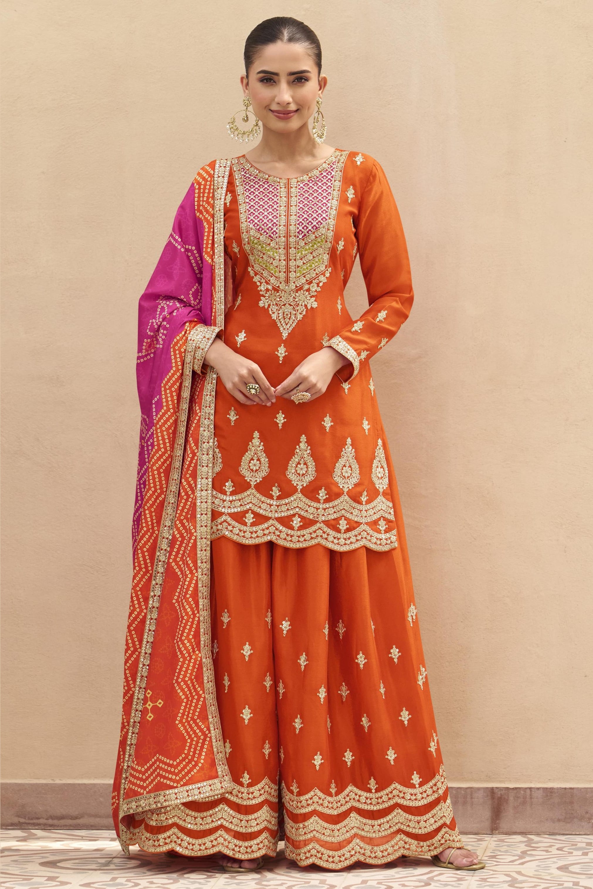 Orange Chinon Silk Plazo Suit For Indian & Pakistani Wedding Festival - Sequins & Thread Embroidery Work, Print Work