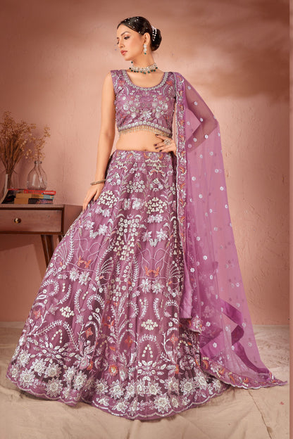 Lavender Net Lehenga Choli For Indian Festivals & Weddings - Thread Embroidery Work, Sequence Embroidery Work