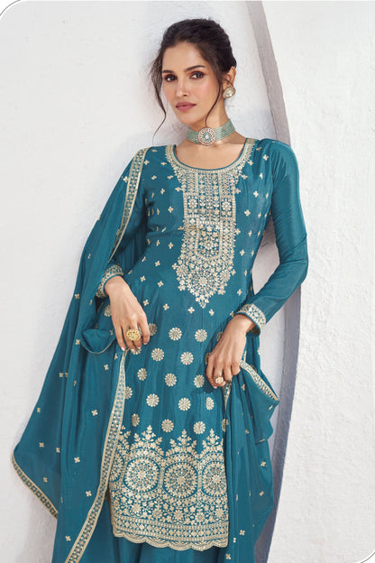 Teal Chinon Silk Palazzo Suit For Indian Festival & Pakistani Weddings - Embroidery Work