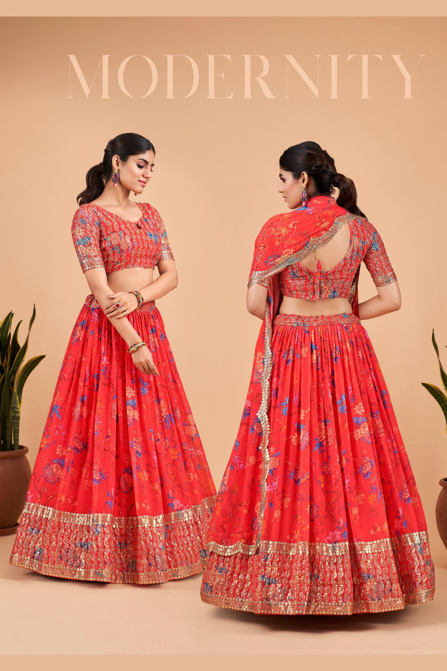Red Pakistani Georgette Floral Printed Lehenga Choli For Indian Festivals & Weddings - Sequence Embroidery Work, Zari Work
