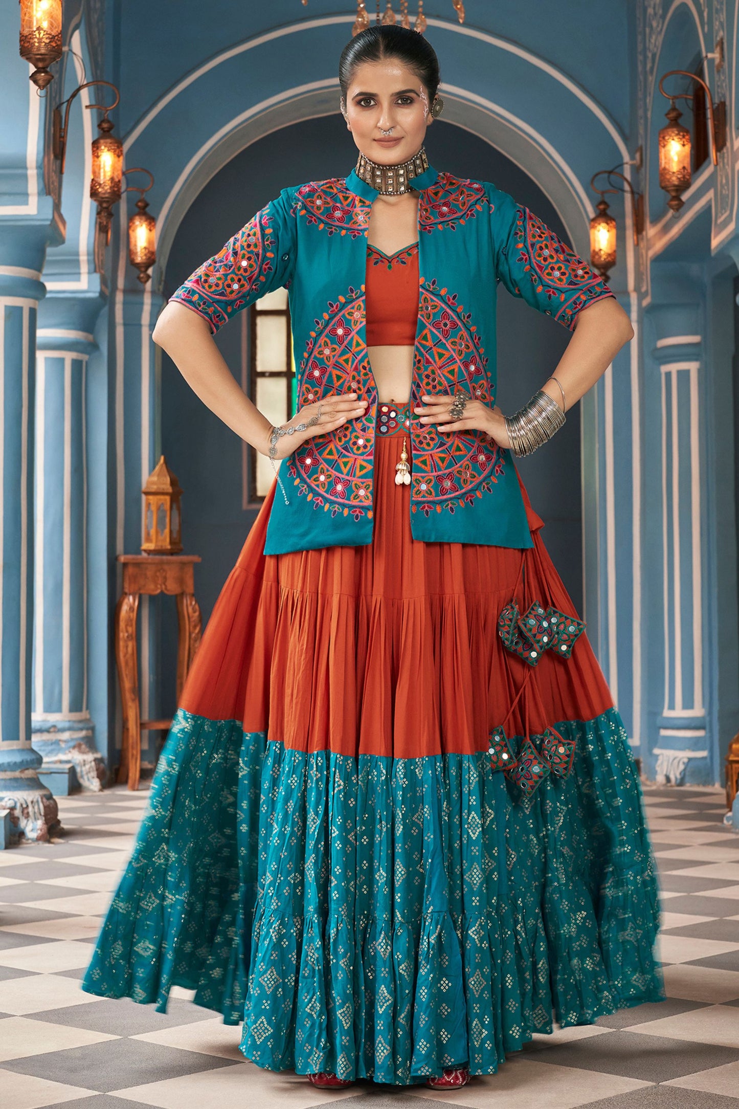 Teal Rayon Chaniya Choli For Navratri Garba Festival 14 Meters Flair - Embroidery Work, Real Mirror Work