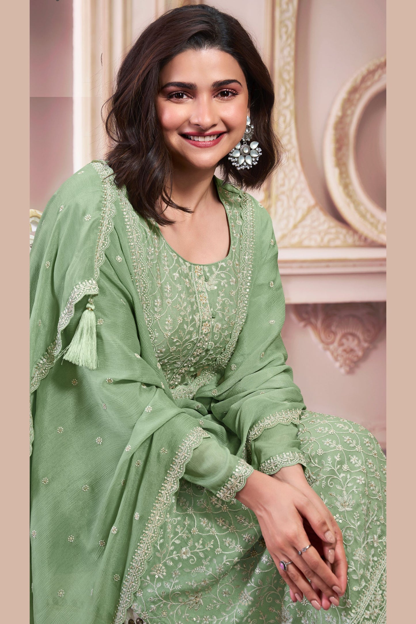 Green Chinon Silk Long Kameez Suit with Pant and Dupatta For Indian Festivals & Weddings - Embroidery Work