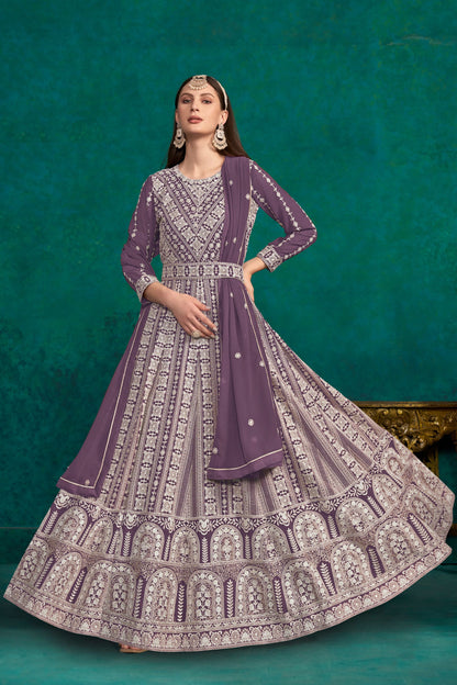 Purple Georgette Full Floor Length Anarkali Dress For Indian Festivals & Weddings - Lucknowi Work