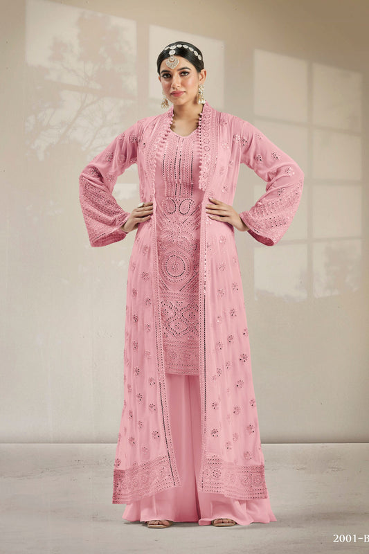 Pink Georgette Palazzo Suit With Koti Jacket For Indian Festivals & Weddings - Resham Embroidery Work, Mirror Work