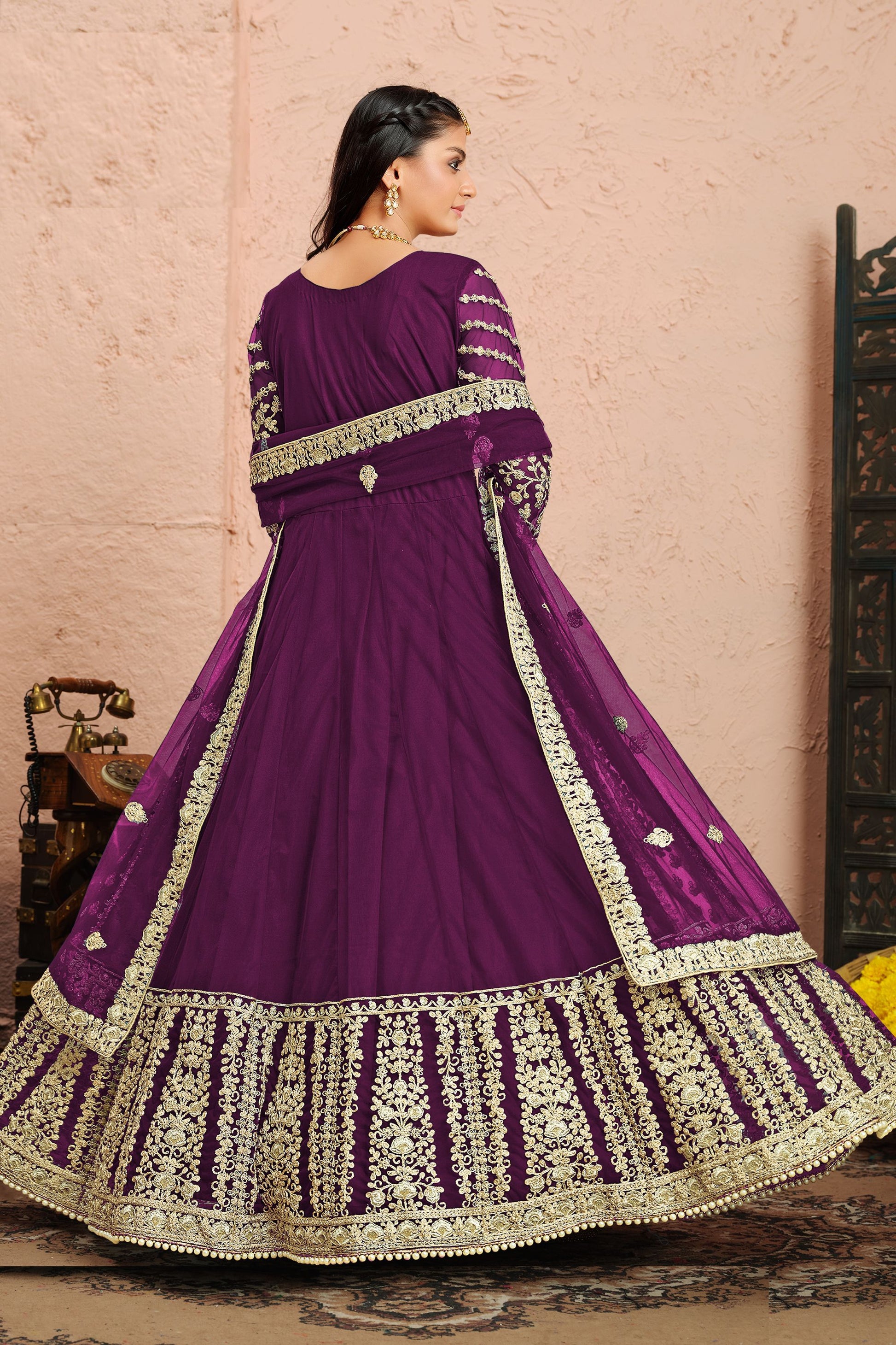 Purple Net Full Floor Length Anarkali Dress For Indian Festivals & Weddings - Embroidery Work