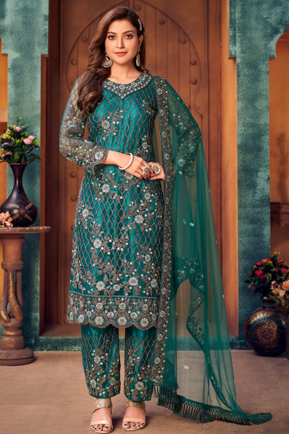 Teal Net Kameez with Pant For Indian Suit Festivals & Pakistani Weddings - Embroidery Work