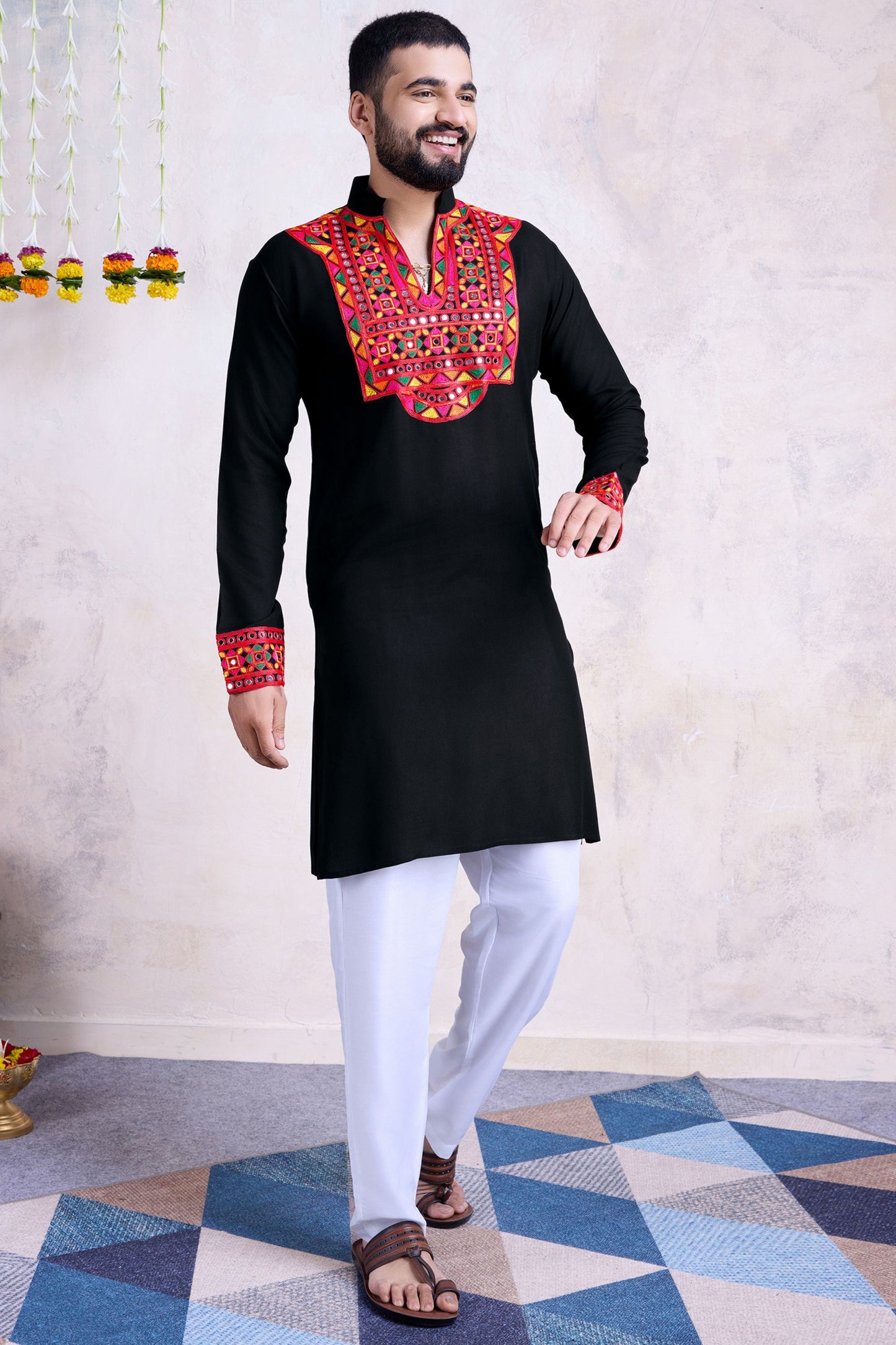 Black Rayon Kurta Pyjama for Men For Navratri Garba Festivals - Embroidery Work, Real Mirror Work