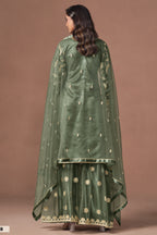 Green Pakistani Mehndi Outfit - Sharara Suit with Embroidery Work