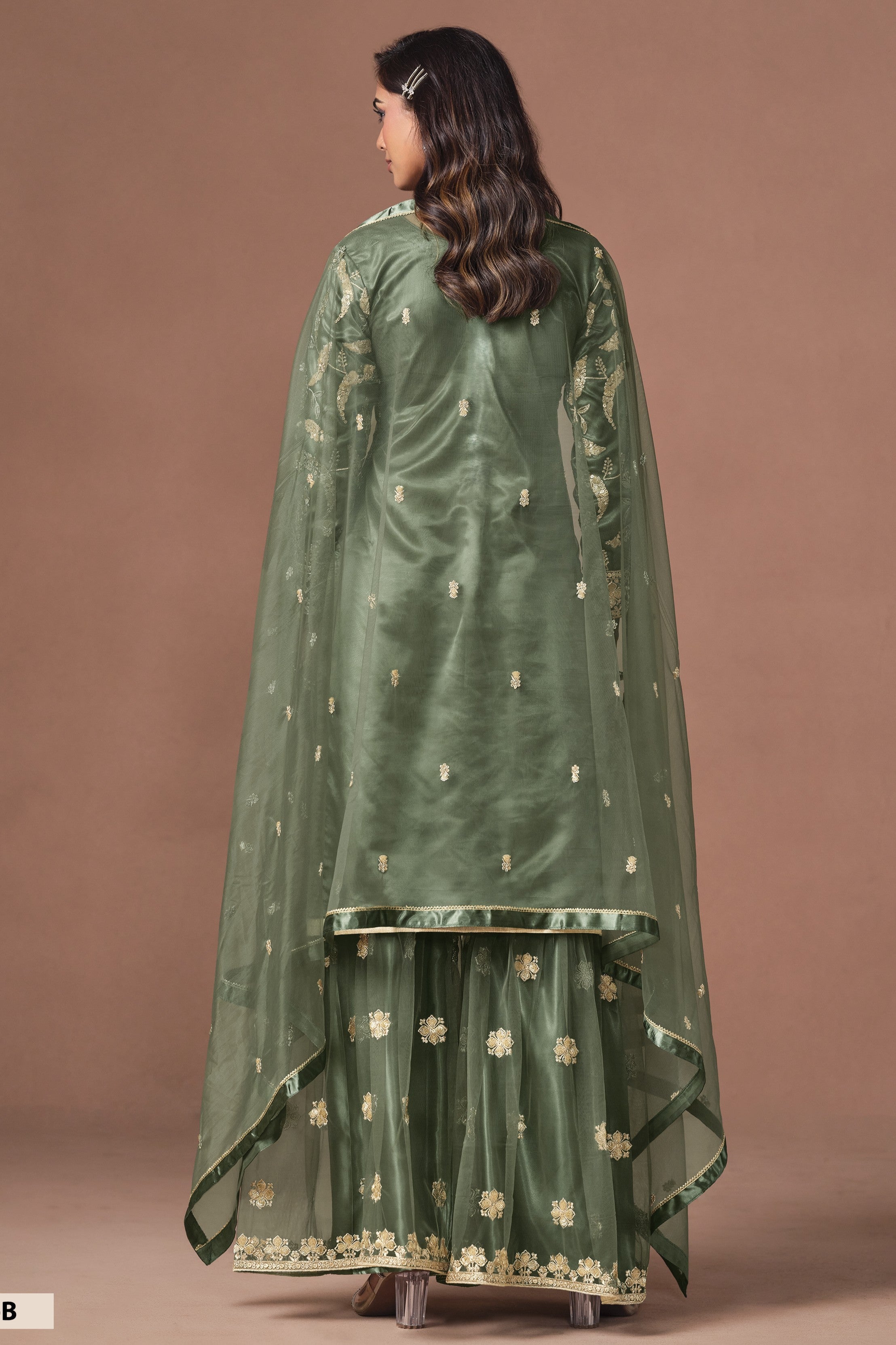 Green Pakistani Mehndi Outfit - Sharara Suit with Embroidery Work