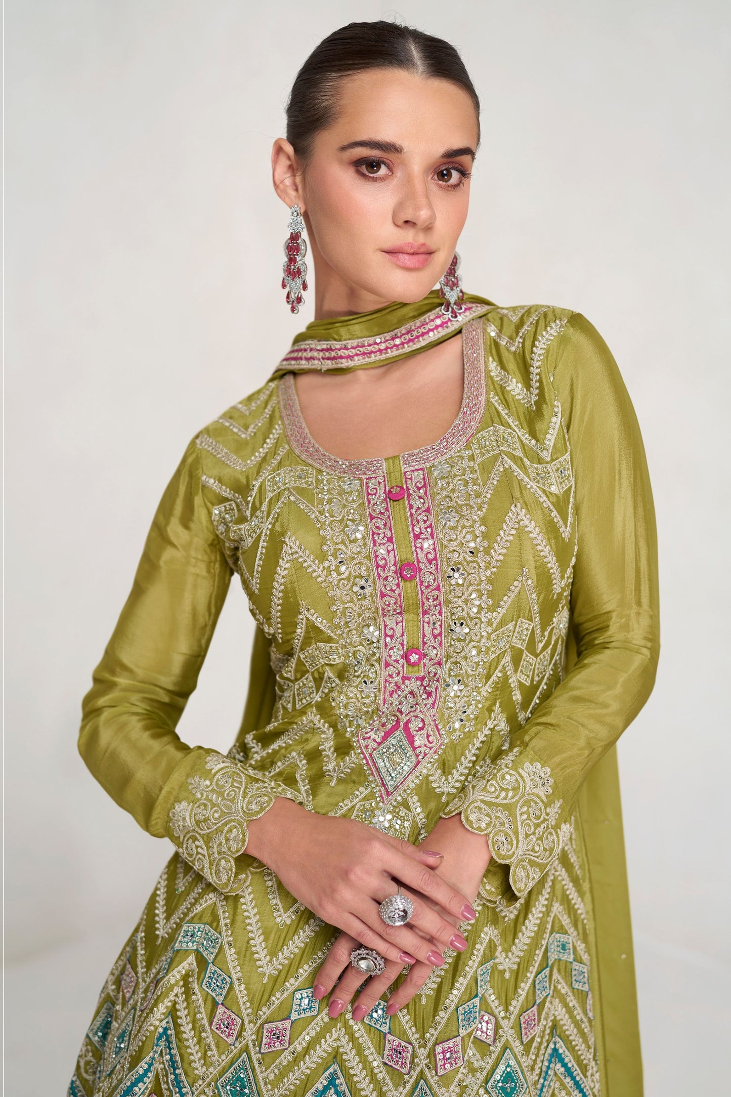 Mehndi Green Chinon Silk Plazo Suit For Wedding & Festival - Embroidery Work