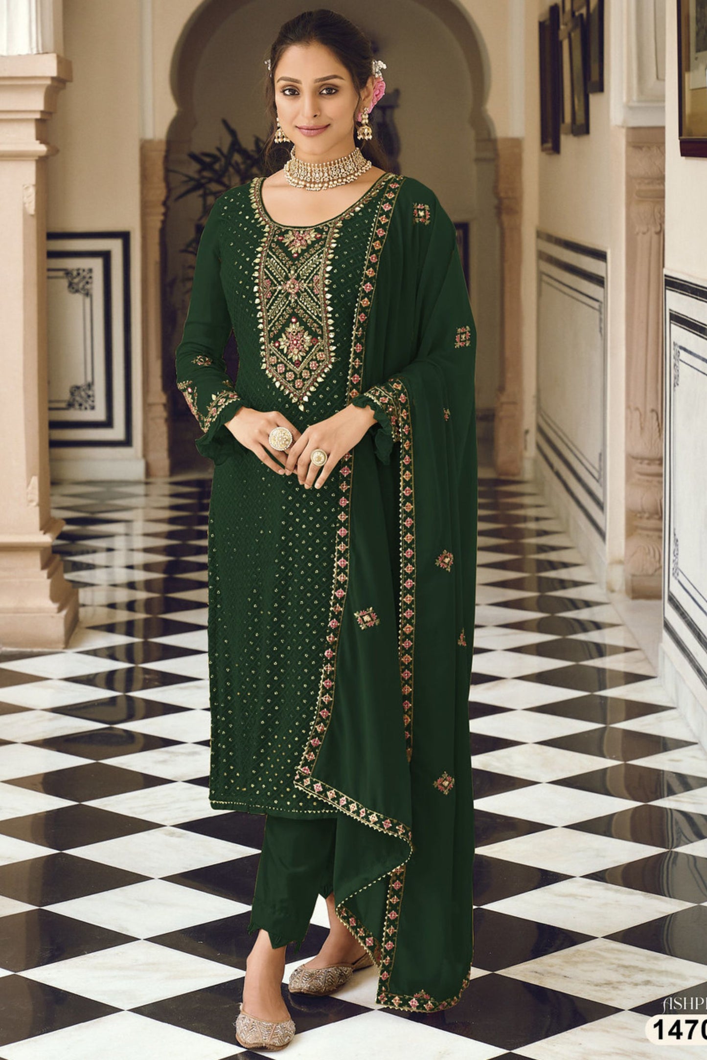 Dark Green Georgette Kameez with Pant For Indian Suit Festivals & Pakistani Weddings - Embroidery Work