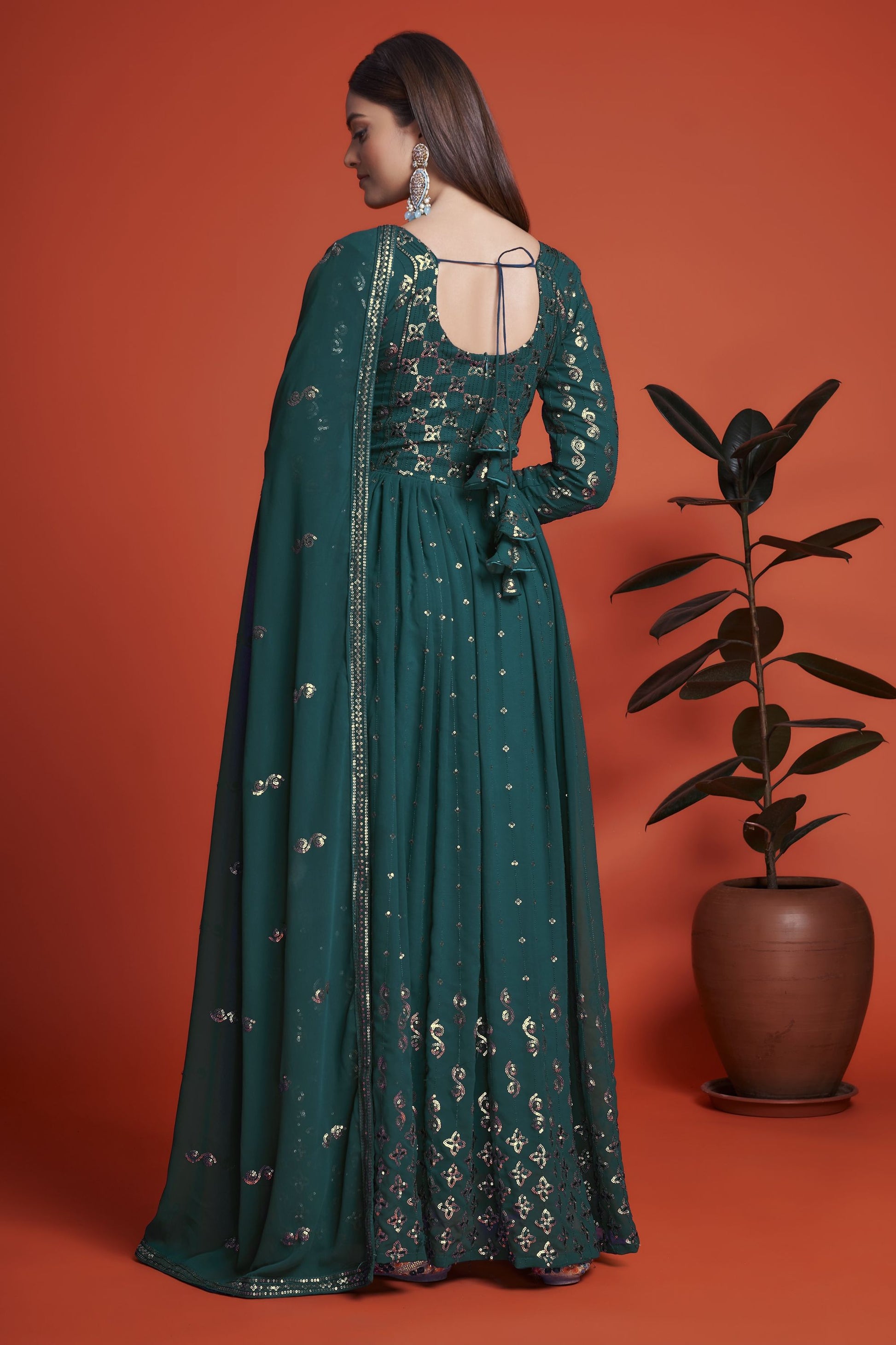 Teal Pakistani Georgette Anarkali Gown For Indian Festivals & Weddings - Sequence Embroidery Work, Thread Embroidery Work,