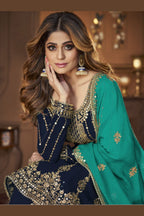 Navy Blue Georgette Salwar Kameez Lengha Suit For Indian Wedding & Festival - Embroidery Sequence Work