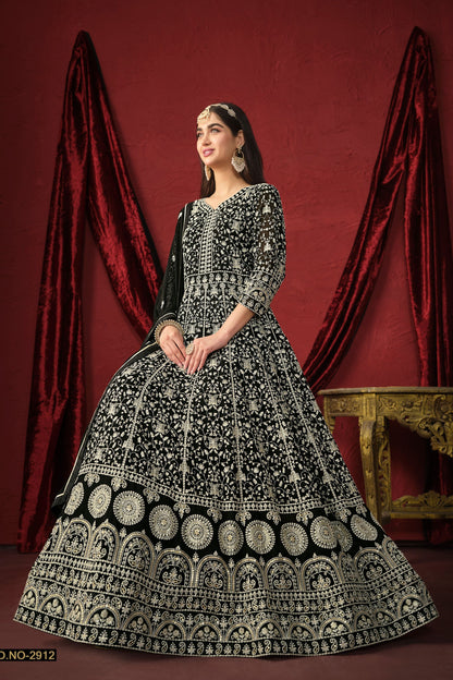 Black Georgette Full Floor Length Anarkali Gown For Indian Festivals & Weddings - Thread Embroidery Work