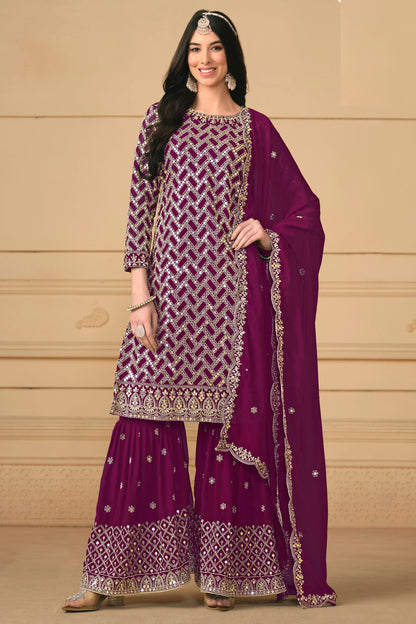 Maroon Georgette Sharara Suit Dress For Indian Festivals & Weddings - Embroidery Work