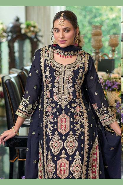 Black Chinon Silk Kameez with Plazo For Indian Festivals & Weddings - Embroidery Work