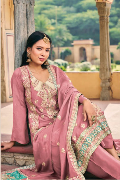 Pink Chinon Silk Salwar Kameez with Pant Suit For Indian Festivals & Weddings - Embroidery Work