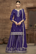 Royal Blue Chinon Silk Palazzo Suit For Indian Wedding & Pakistani Festival - Embroidery Work