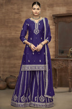 Royal Blue Chinon Silk Palazzo Suit For Indian Wedding & Pakistani Festival - Embroidery Work