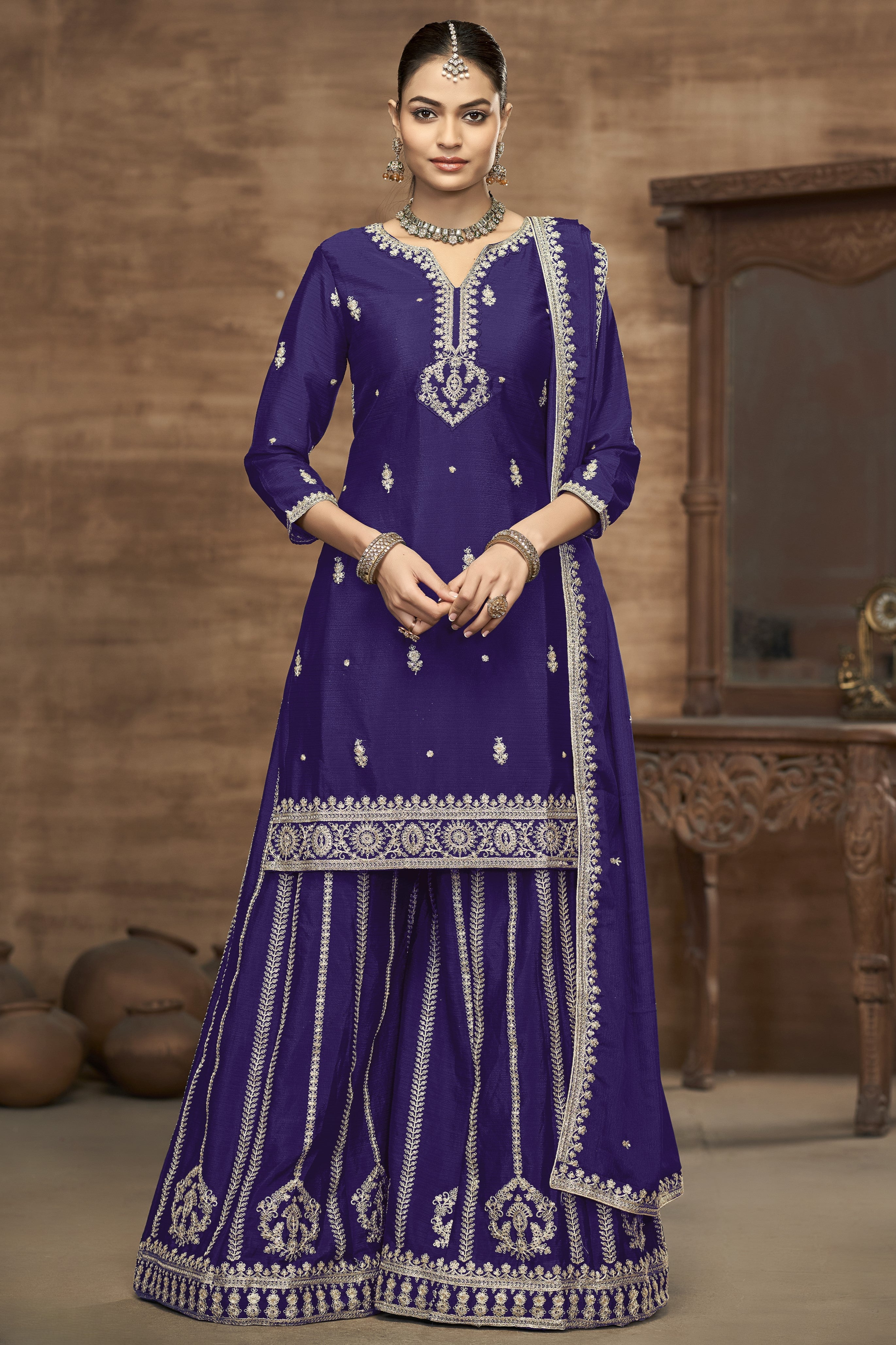 Royal Blue Chinon Silk Palazzo Suit For Indian Wedding & Pakistani Festival - Embroidery Work