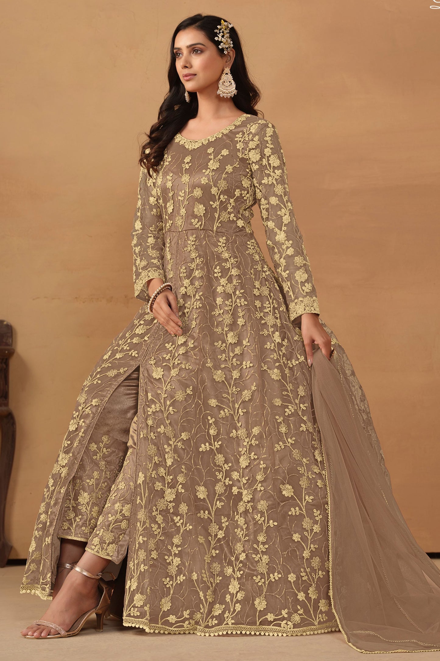 Light Brown Net Full Length Anarkali Dress with Front Slit For Indian Festivals & Weddings - Thread & Sequence Embroidery Work