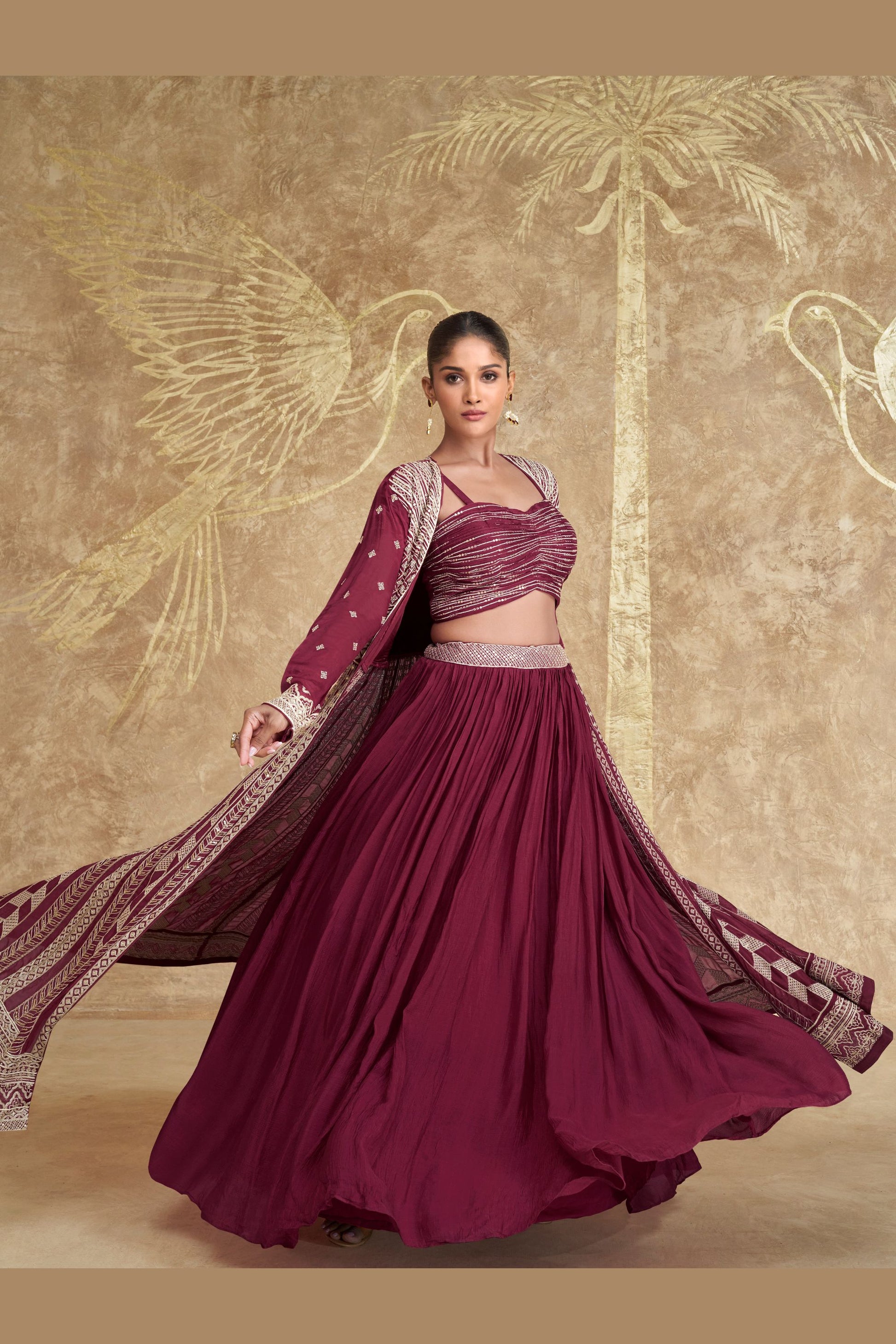 Maroon Chinon Silk Lengha For Indian Festivals & Pakistani Weddings Dress - Embroidery Work