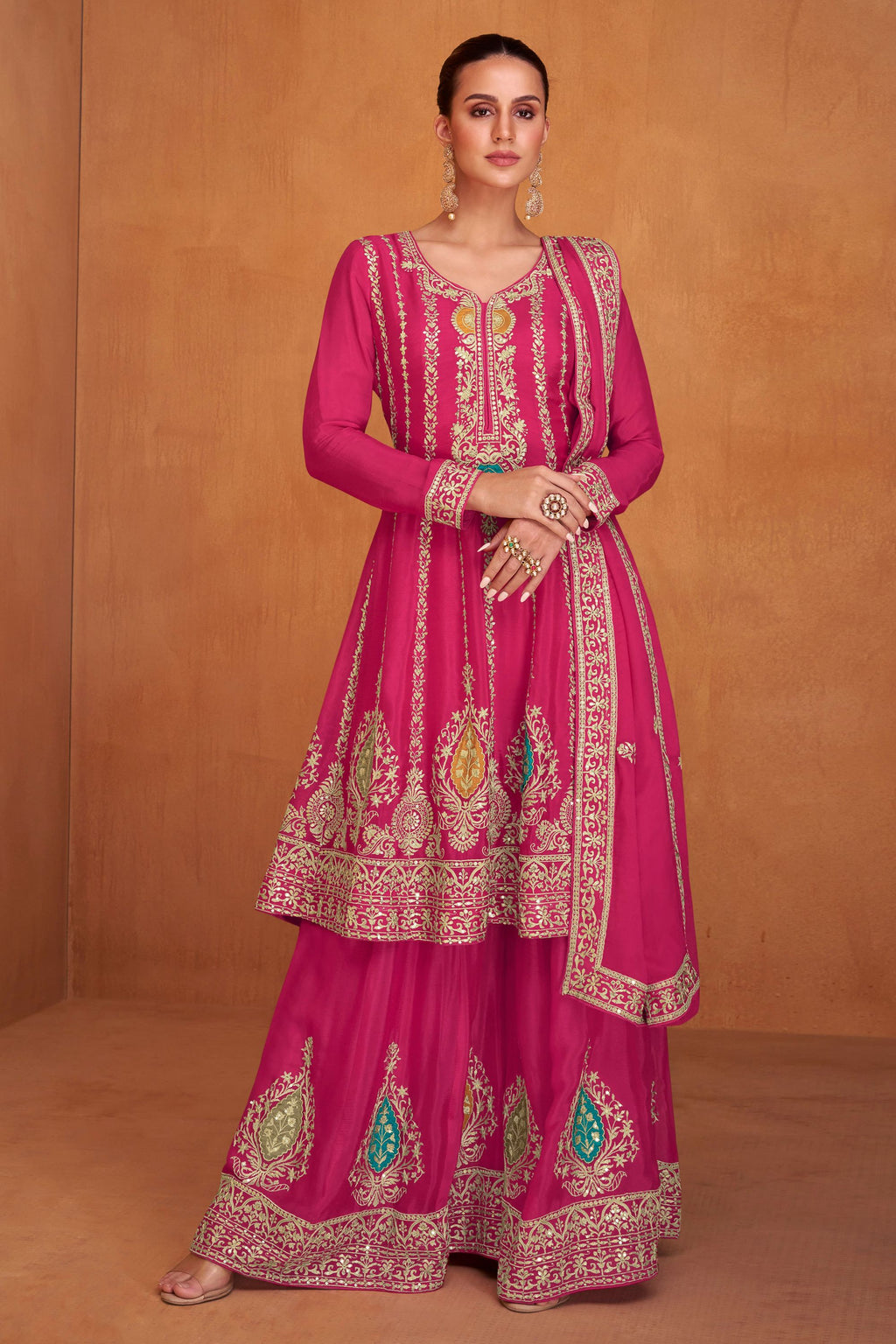 Pink Pakistani Chinon Silk Plazo Suit For Indian Festivals & Weddings - Embroidery Work
