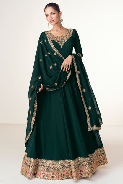 Dark Green Georgette Floor Full Length Anarkali Gown For Indian Festival & Wedding - Embroidery Work