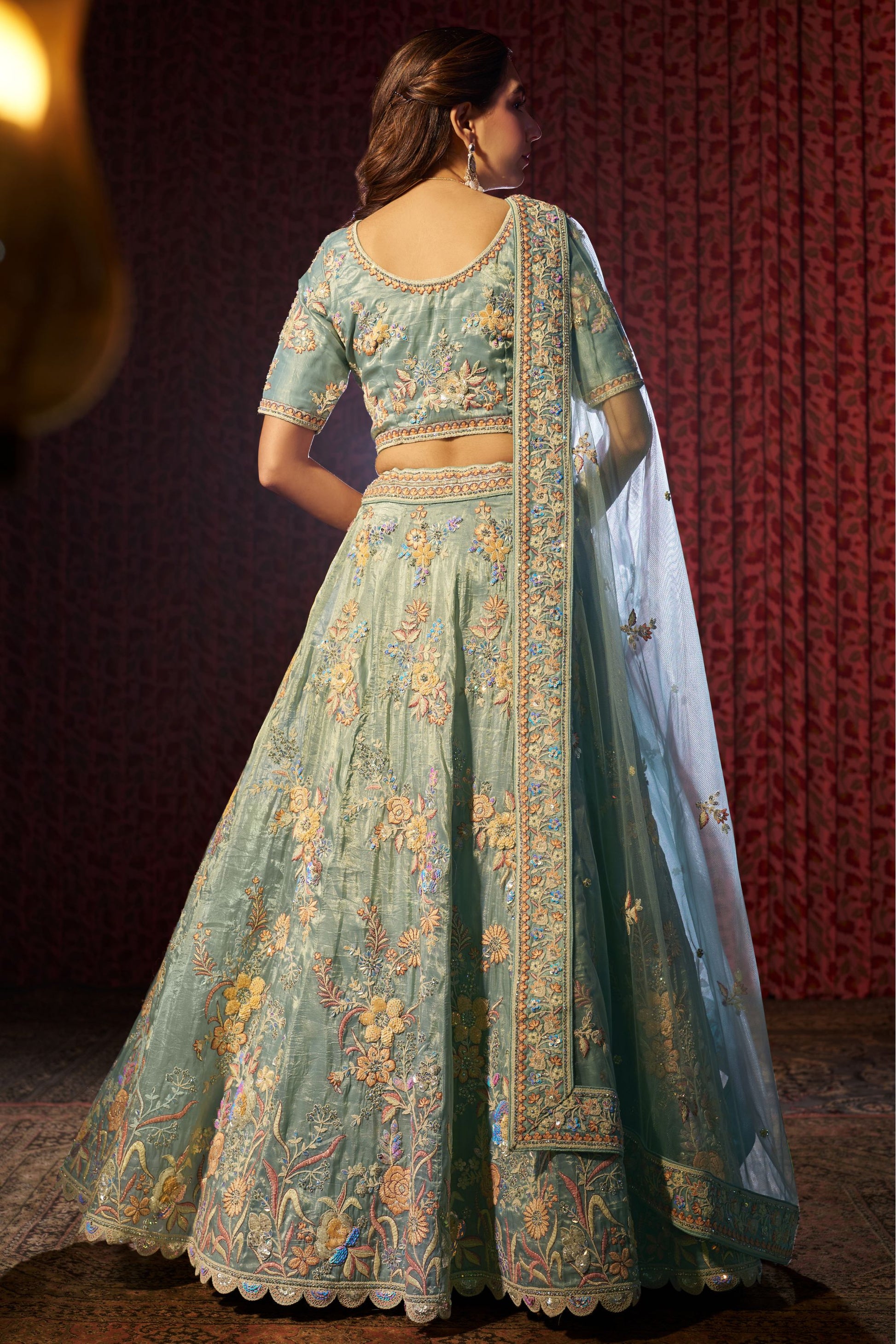 Turquoise Organza Lehenga Choli For Indian Festival & Weddings - Sequence Embroidery Work, Thread Embroidery Work, Dori Work, Zarkan Work