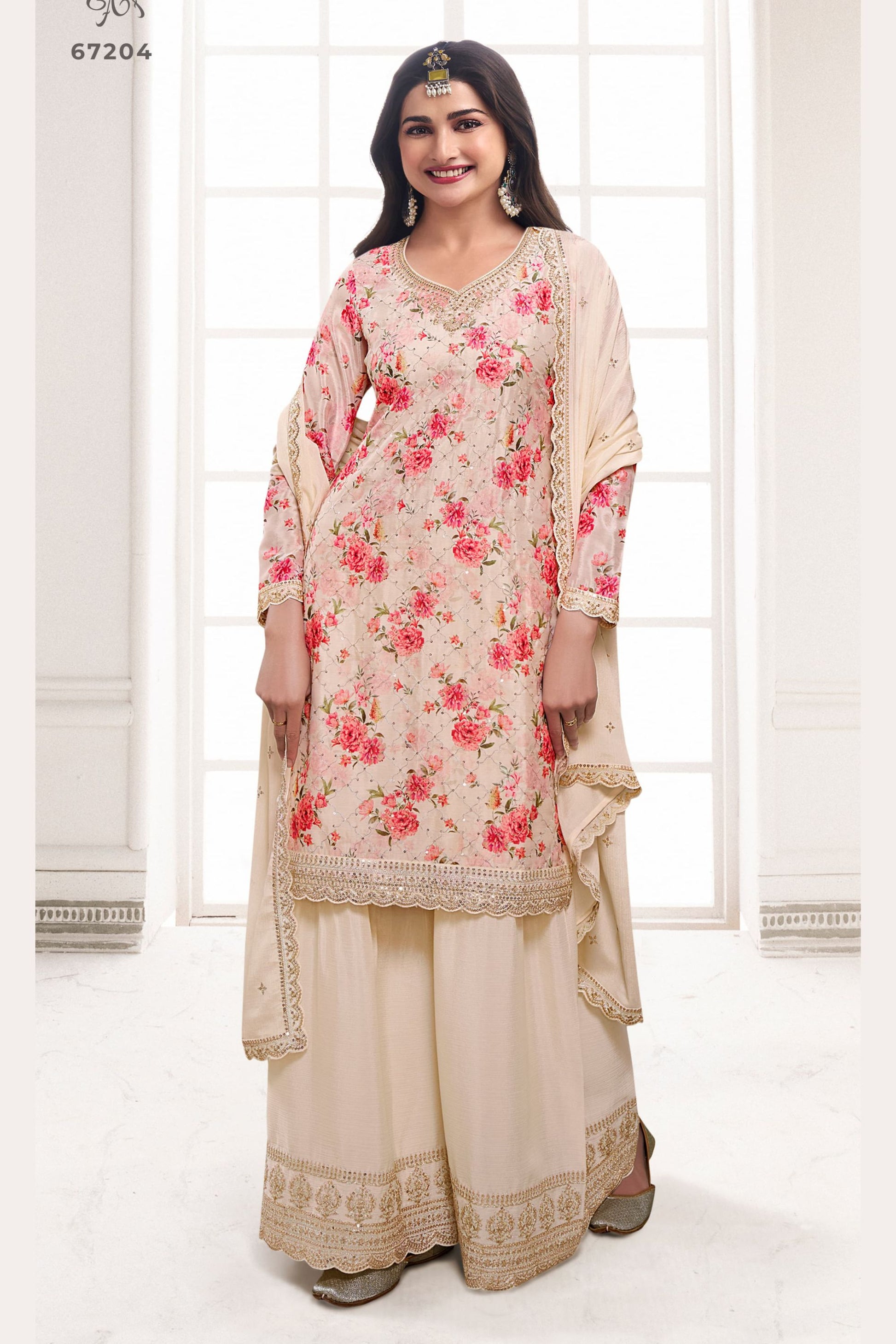 Ivory Chinon Silk Floral Plazo Suit For Indian Festivals & Pakistani Weddings Dress - Embroidery Work, Print Work