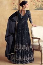 Black Chinon Silk Anarkali Gown Suit For Indian Festivals & Weddings - Embroidery Work