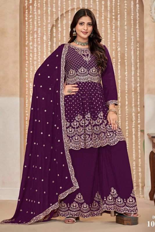 Purple Chinon Silk Palazzo Suit For Indian Festivals & Weddings - Embroidery Work