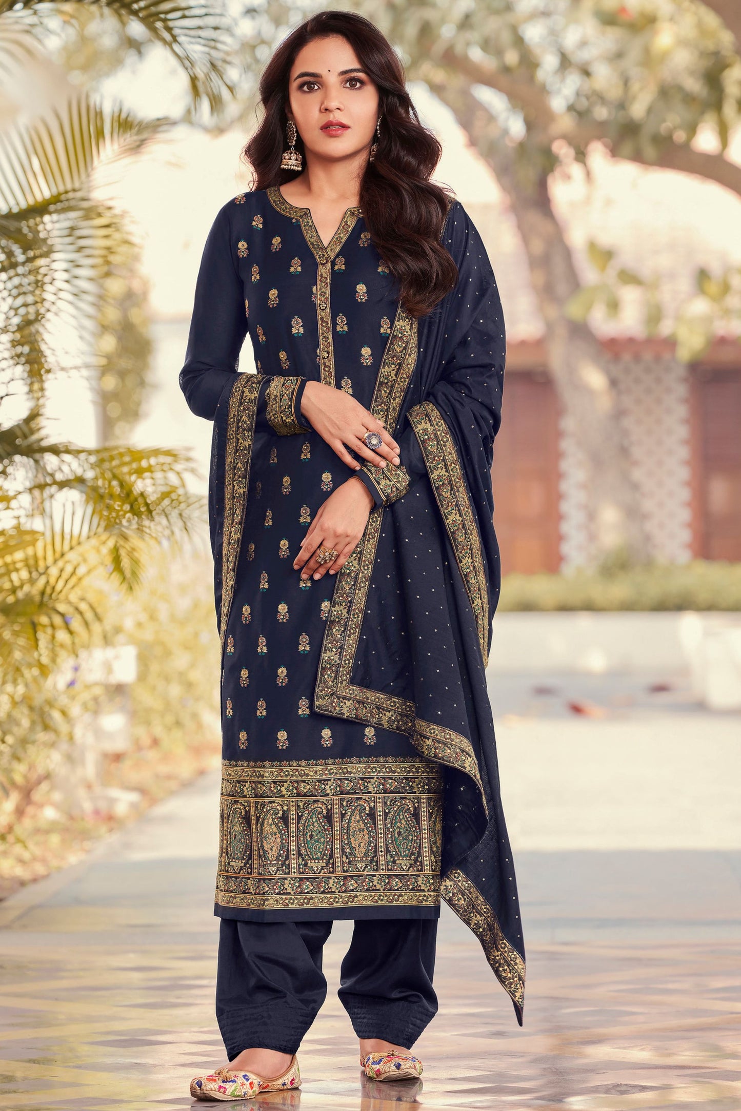 Navy Blue Jacquard Silk Kameez With Pant For Indian Suit Festivals & Pakistani Weddings Dress - Embroidery Work