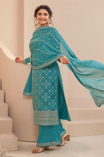 Cyan Zari Dola Jacquard Salwar Kameez Suit For Indian Festivals & Pakistani Weddings Dress