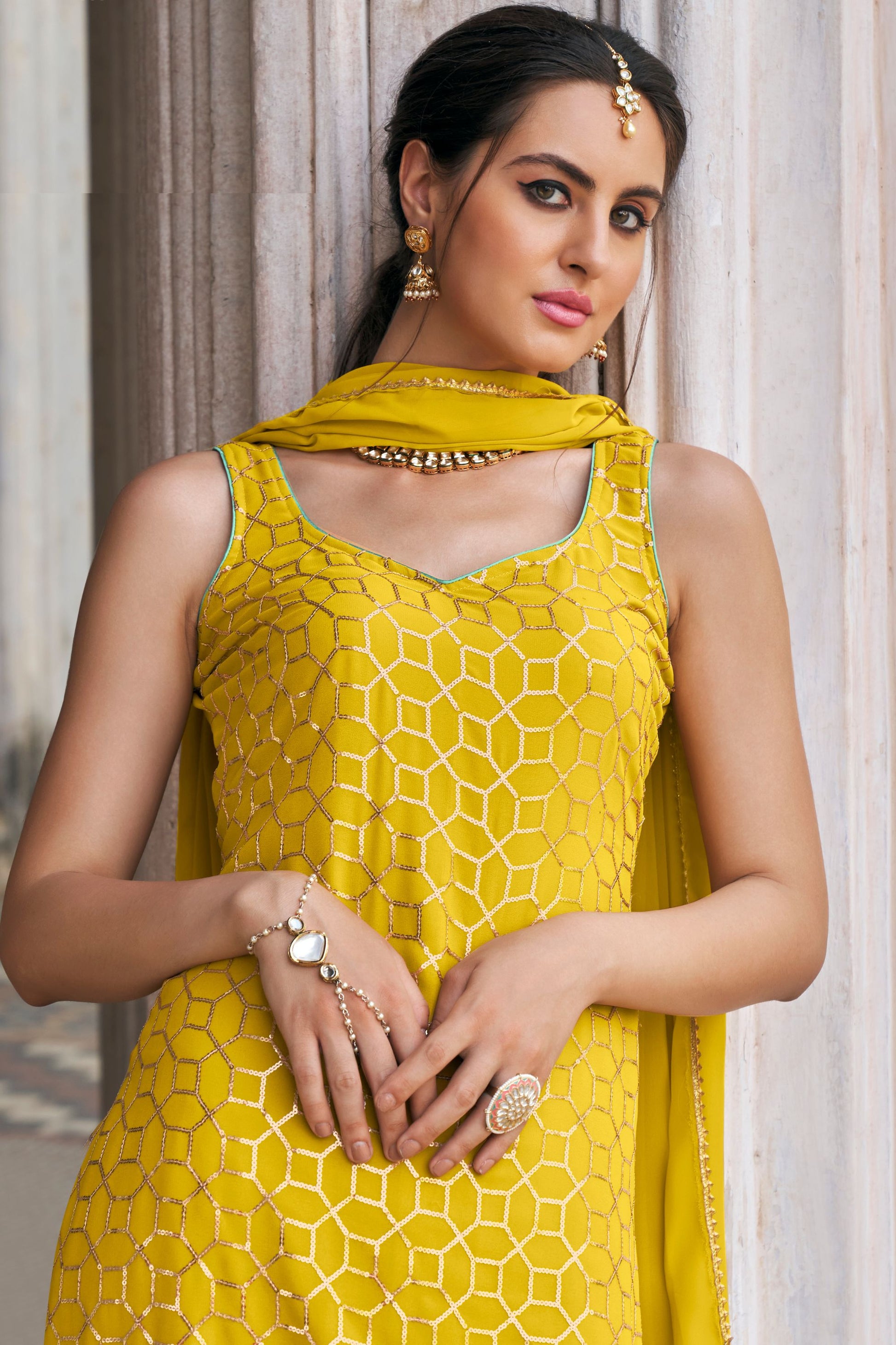 Yellow Georgette Sharara Suits for Pakistani Festival & Indian Wedding - Thread & Sequence Embroidery Work